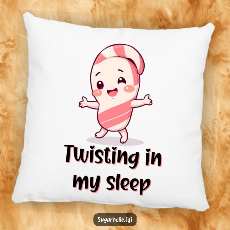 Funny Pillow featuring a giggling candy cane character dancing playfully with a happy and contented expression.