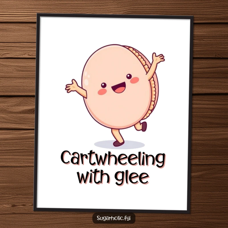 Funny Digital Art Print: A high-resolution image of a cheerful macaron character doing a cartwheel with a wide smile, ready for display.