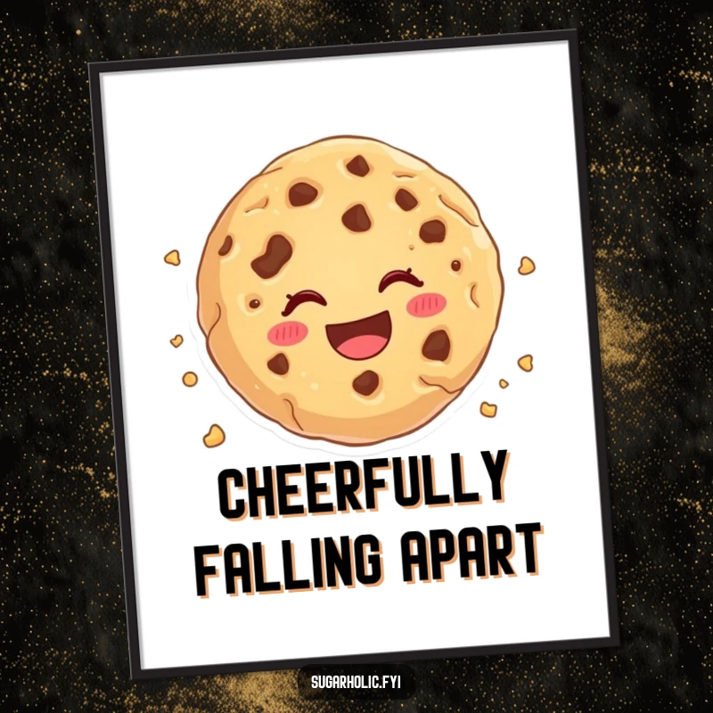 Funny cookie crumble digital art print, a cartoon cookie joyfully crumbling with cheerful abandon, perfect for instant, whimsical wall decor.