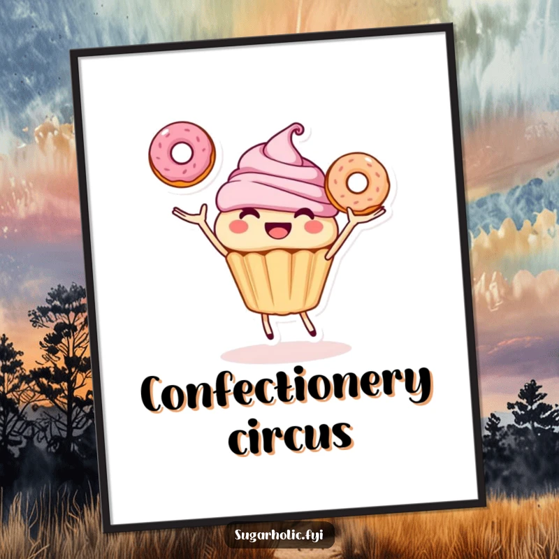 Funny digital art print of a smiling cupcake character joyfully juggling three donuts, delivering sweet humor and delightful charm.