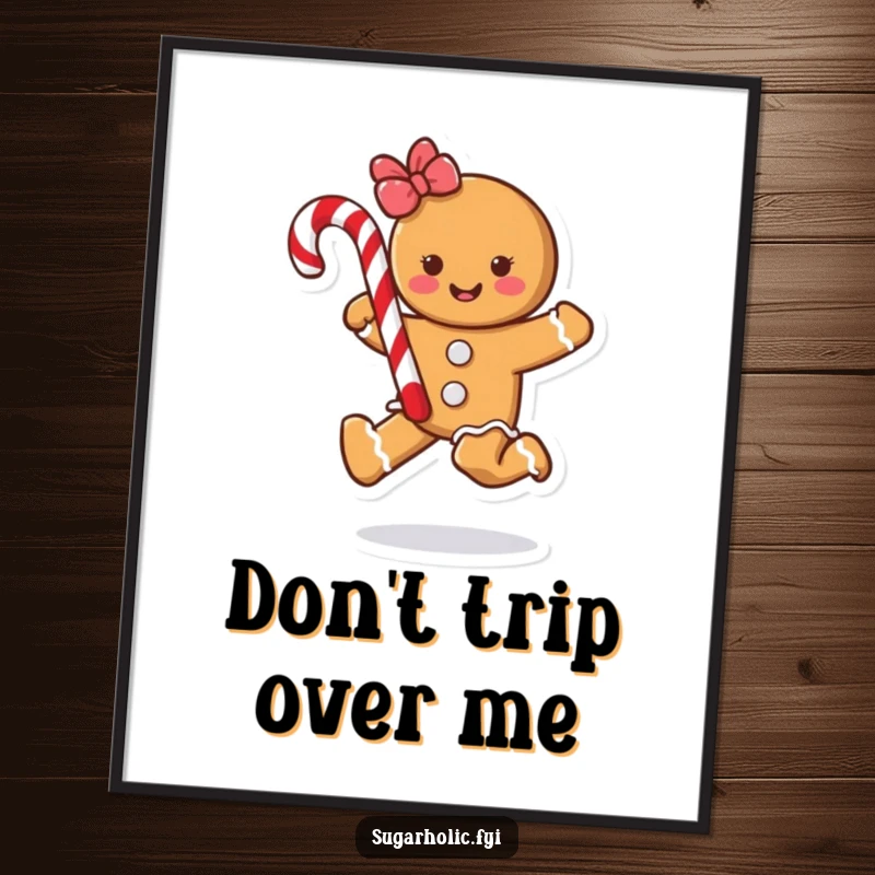 Funny gingerbread cookie character skipping with a candy cane, available as a high-resolution digital art print for humorous decor.