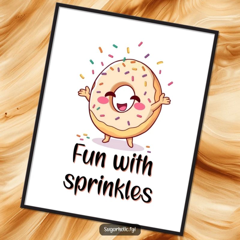 Funny donut character juggling sprinkles with a wink, digital art print, instant download for witty decor.