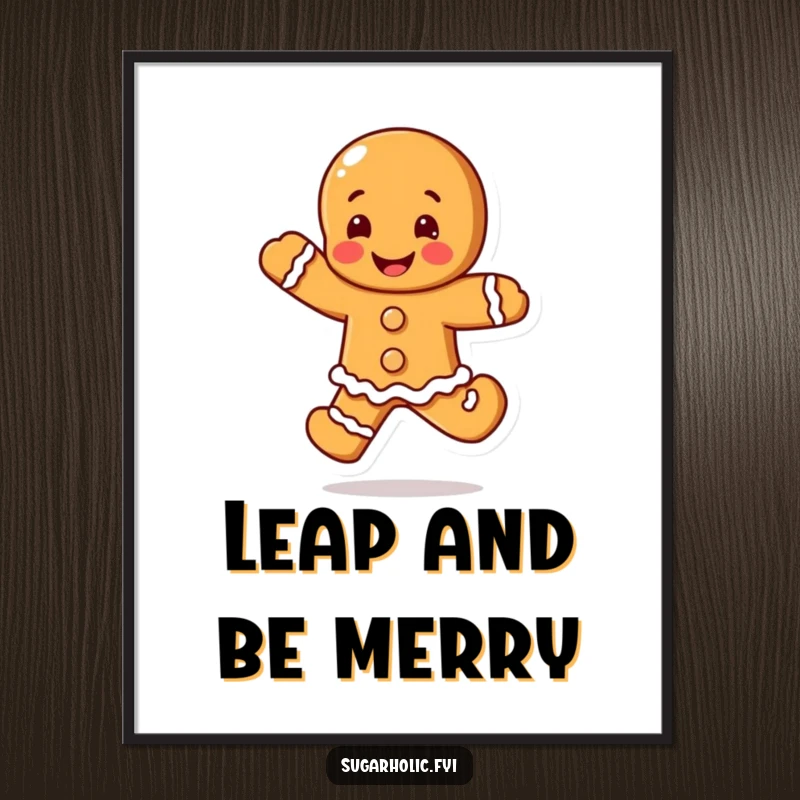 Funny Gingerbread Man Digital Art Print of a blushing character in a happy leap, perfect for instant funny art.