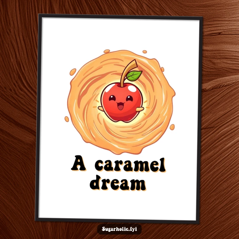 Funny digital art print of a beaming anthropomorphic candy apple character spinning in a caramel vortex, for humorous and sweet wall decor.