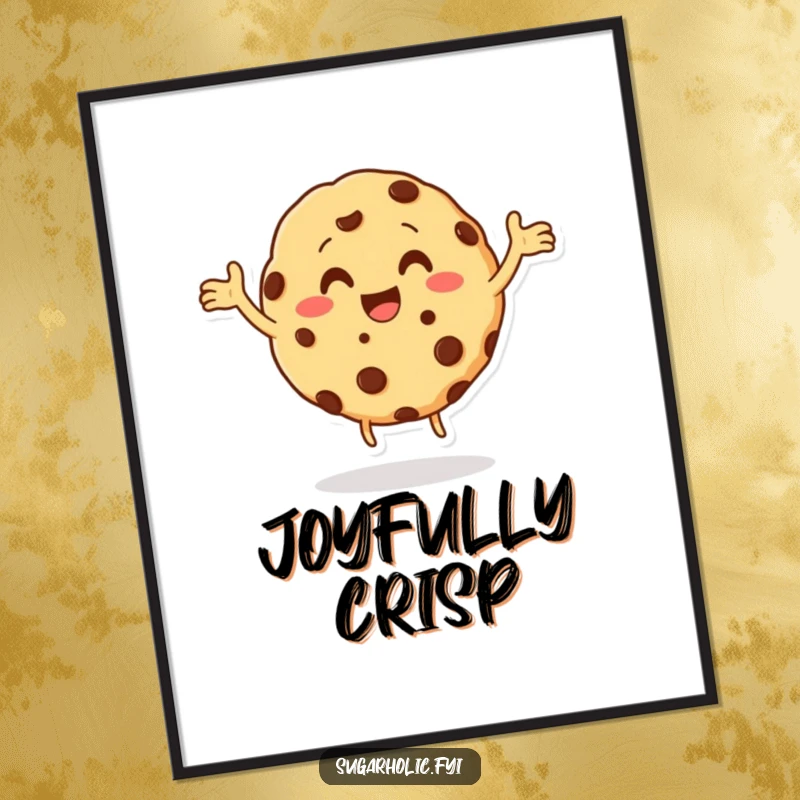 Funny cookie character with chocolate chips performing a happy dance in a high-resolution digital art print, a joyful and humorous piece, a funny gift.