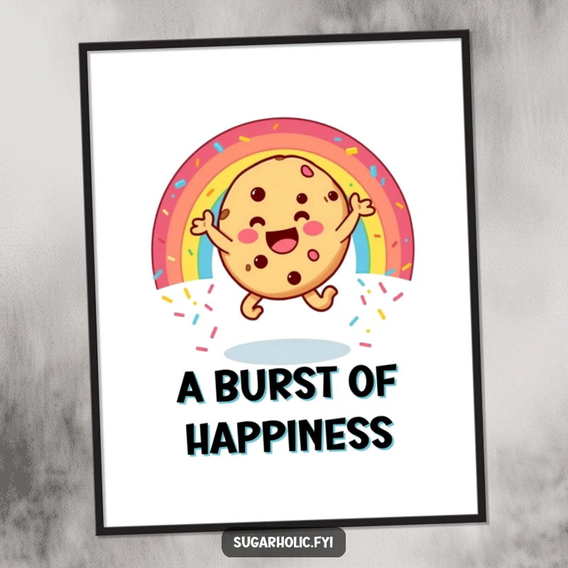 Funny cookie digital art print of a happy character leaping through a rainbow of sprinkles, instant hilarious and joyful decor for any room.