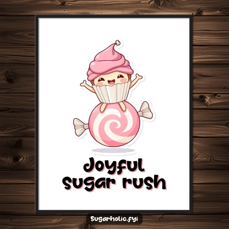 Funny cupcake character bouncing joyfully on a candy, digital art print, instant download for sweet decor.