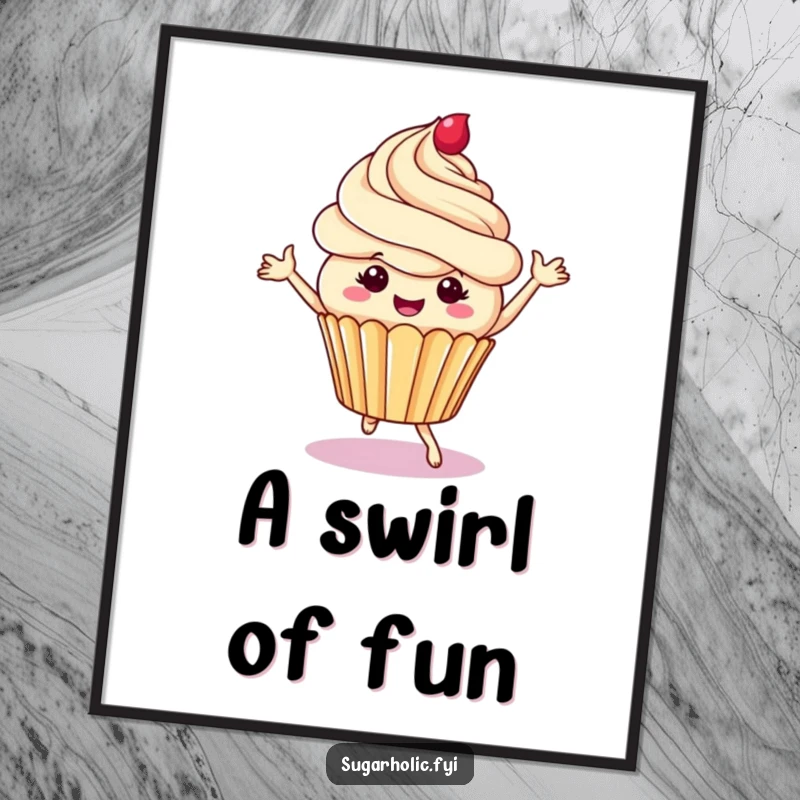 Funny cupcake digital art print of a cheerful character dancing with frosting swirls, instant hilarious decor for sweet-themed rooms and digital displays.