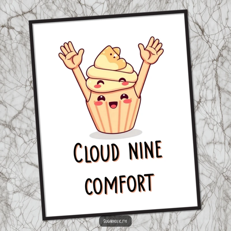 Funny cheerful cupcake high-fiving a floating gummy bear, high-resolution digital art print for instant decor.