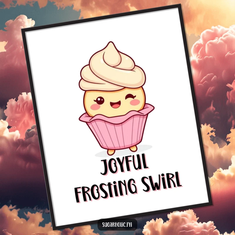 Funny cupcake character with frosting gleefully wiggling its wrapper in a high-resolution digital art print, capturing delightful sweetness and humor, a funny gift.