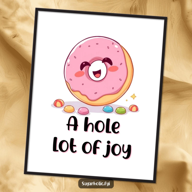 Funny Digital Art Print of a giggling donut catching candy through its hole, capturing playful humor.