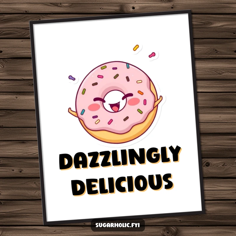 Funny cheerful donut character winking while juggling colorful sprinkles, printable art with a sweet and humorous theme.