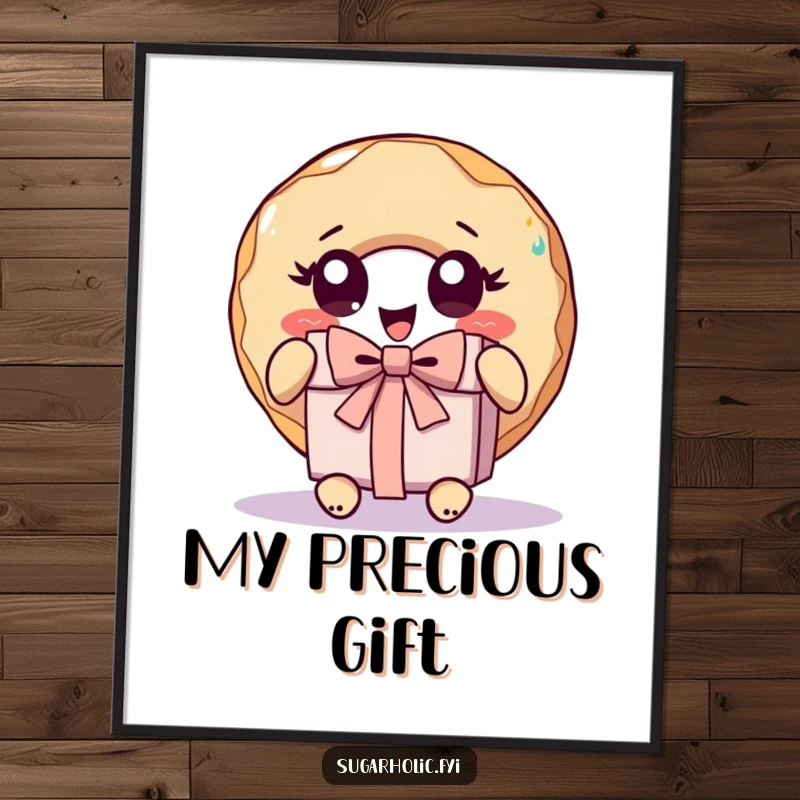 Funny donut character with wide eyes, unwrapping a gift, available as a high-resolution digital art print for humorous decor.