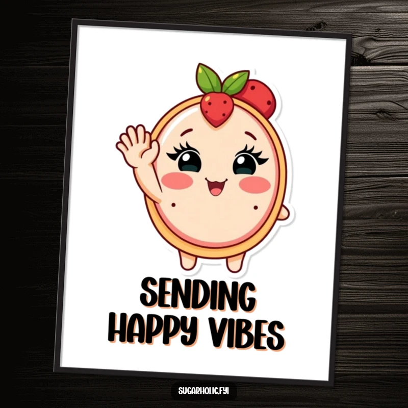 Funny digital art print of a blushing fruit tart with eyelashes waving enthusiastically, perfect for instant cheerful decor.