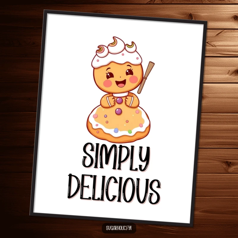 Funny gingerbread person character gleefully frosting a giant sugar cookie, printable art with a sweet and humorous theme.