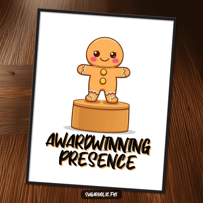 Funny digital art print of a proud gingerbread cookie with button eyes on a podium, perfect for instant decor.