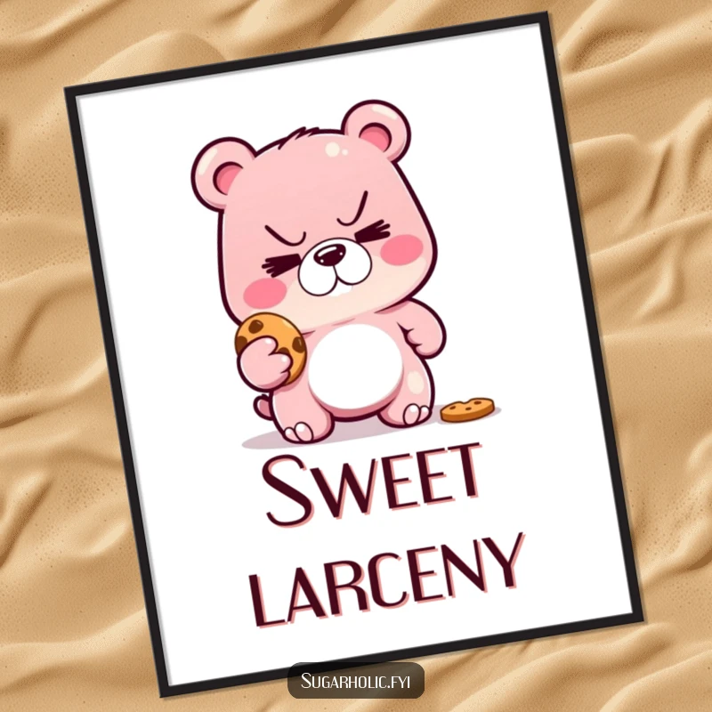 Funny digital art print of a sly gummy bear with a mischievous grin, plotting to steal a delicious cookie.