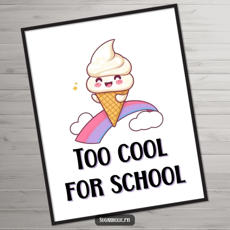 Funny Digital Art Print of a gleeful ice cream cone character joyfully sliding down a vibrant rainbow.