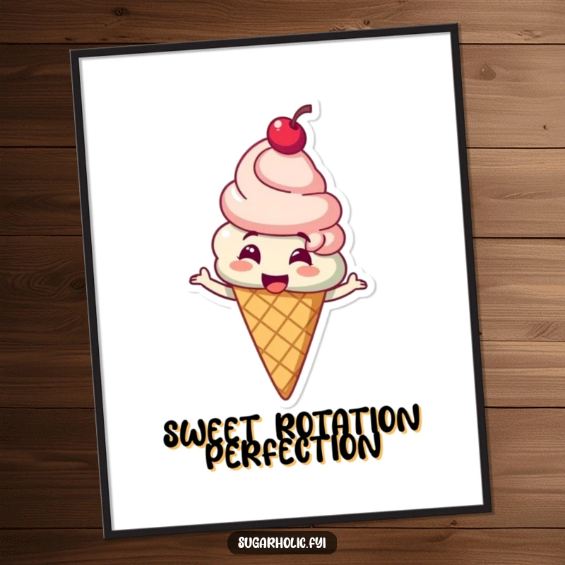 Funny ice cream cone character with a cherry on top giggling and spinning in a high-resolution digital art print, capturing delightful humor, a funny gift.