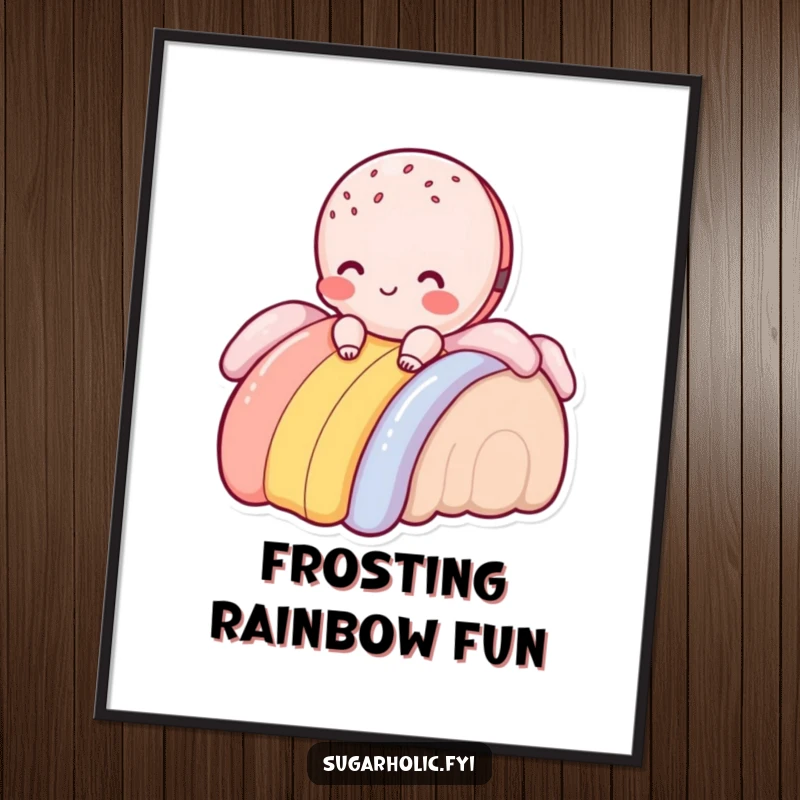 Funny blushing macaroon character sliding down a frosting rainbow, digital art print, instant download for charming decor.
