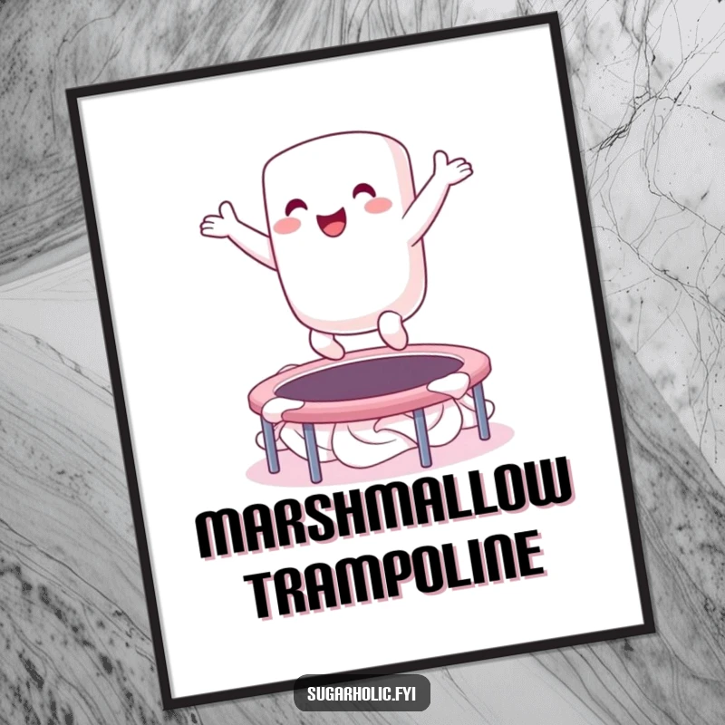 Funny digital art print of an ecstatic marshmallow character bouncing on a whipped cream trampoline, symbolizing pure joy and lighthearted fun.