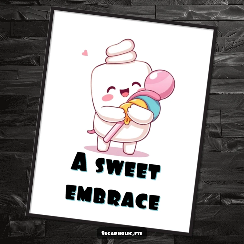 Funny digital art print of an ecstatic anthropomorphic marshmallow character hugging a giant lollipop, for humorous and sweet wall decor.