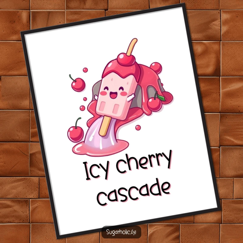Funny digital art print of a gleeful popsicle character sliding down a cherry syrup waterfall, symbolizing carefree fun and sweet refreshment.