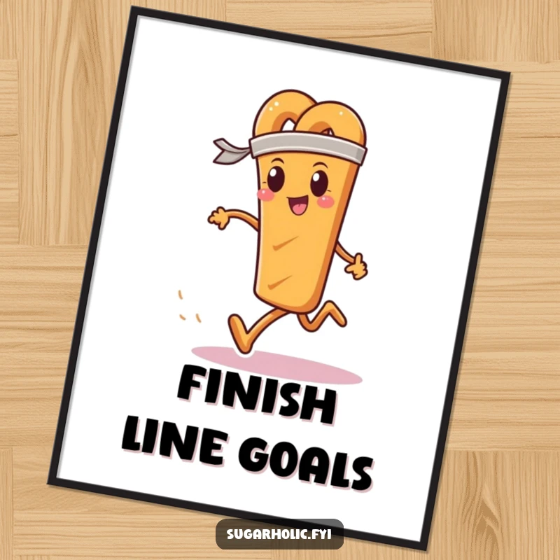 Funny digital art print of a determined pretzel stick wearing a sweatband, running a race, perfect for motivational decor.