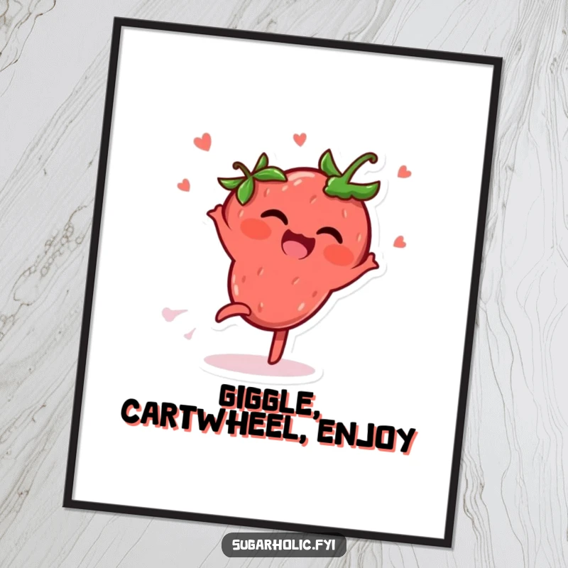 Funny Digital Art Print of a delighted strawberry character doing a cartwheel, radiating giggles and playful movement.