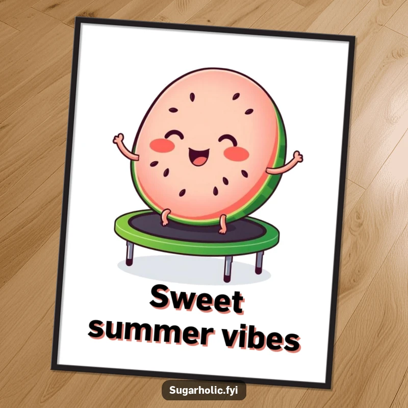 Funny digital art print of a joyful slice of watermelon with seed freckles, bouncing on a trampoline, perfect for cheerful decor.