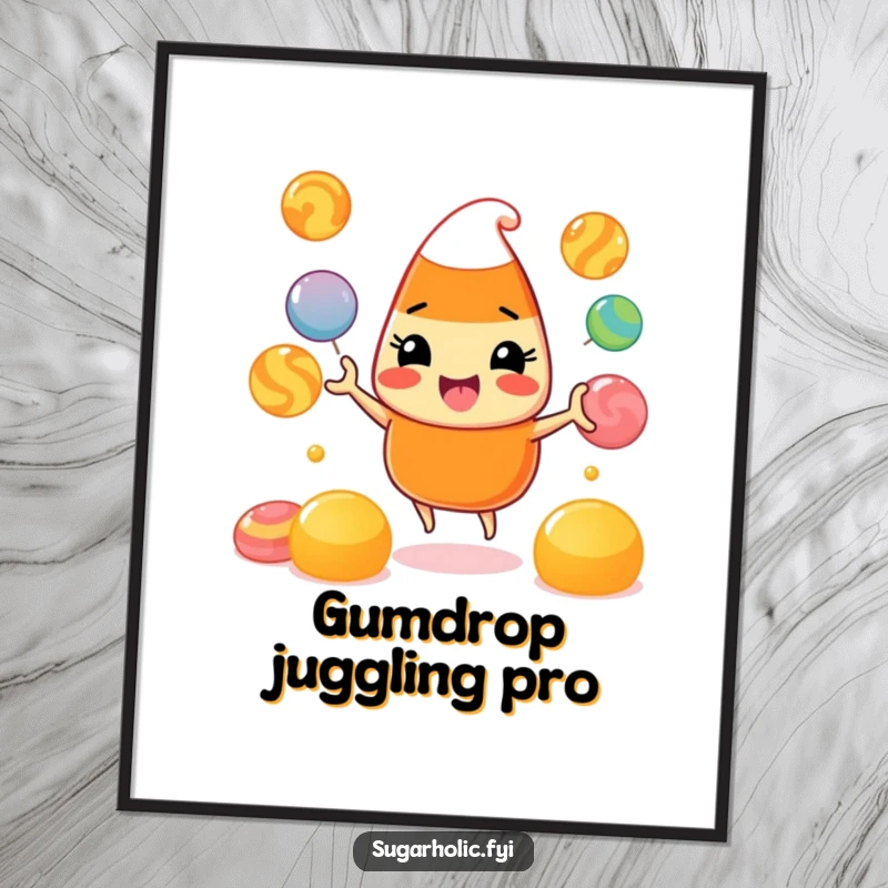 Funny Digital Art Print: A high-resolution image of a beaming candy corn character juggling colorful gumdrops, ready for festive display.
