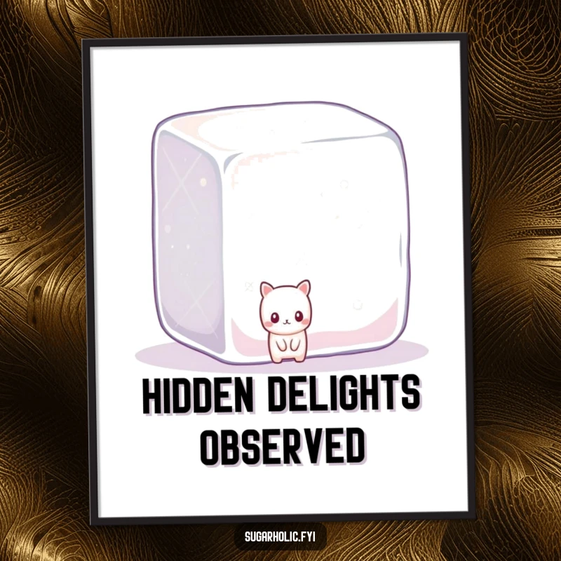 Funny shy candy character peeking from behind a giant, sparkling sugar cube, high-resolution digital art print.