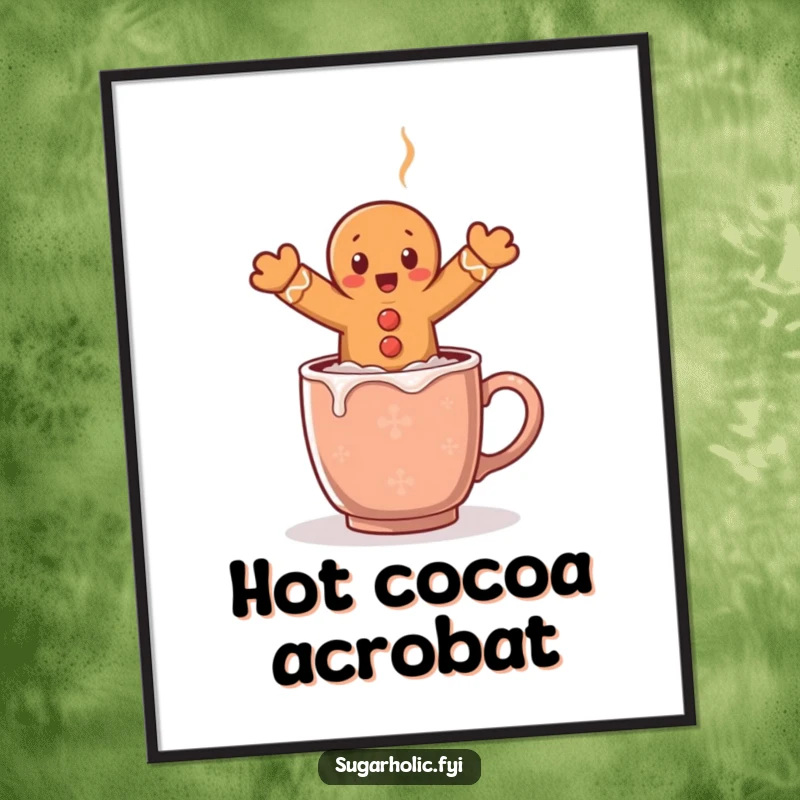 Funny digital art print of a surprised gingerbread man character comically leaping over a steaming mug of cocoa, full of festive shock.