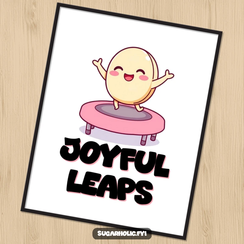 Funny macaron digital art print of a delighted character bouncing on a jelly bean trampoline, instant hilarious decor for playful rooms.