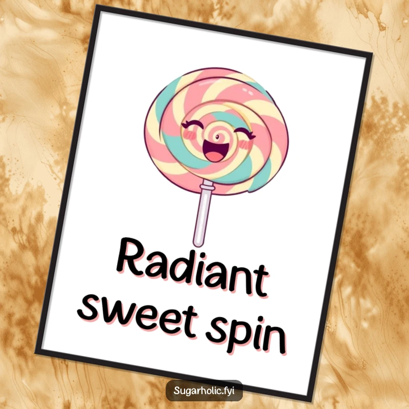 Funny gleeful lollipop character spinning with a radiant, sweet expression, a vibrant and funny digital art piece.
