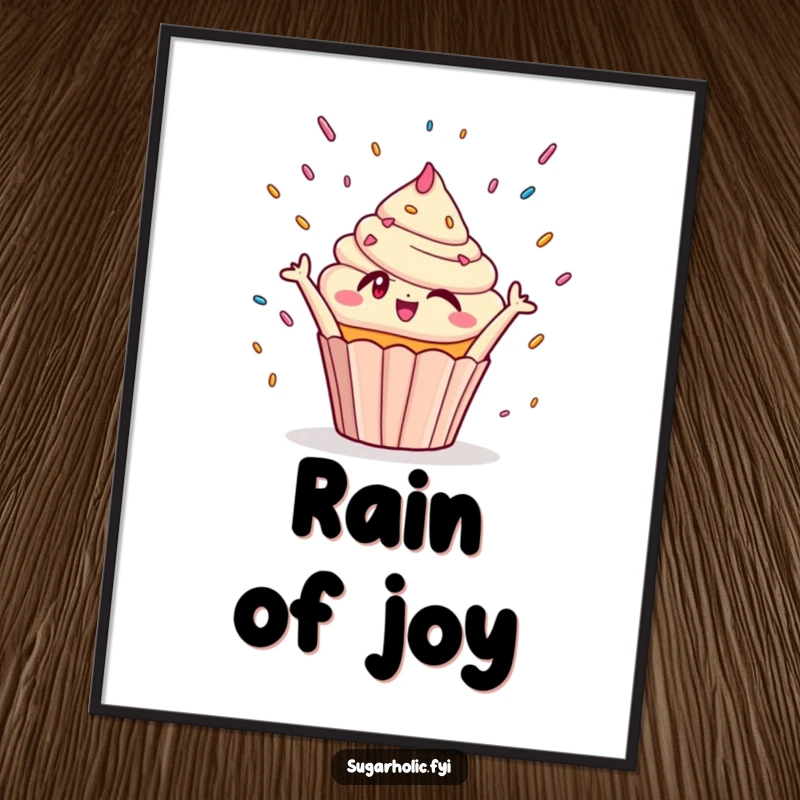 Funny Digital Art Print: High-quality image of a winking cupcake character joyfully reaching for a cascade of sprinkles.