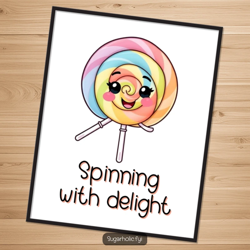 Funny Digital Art Print: A high-resolution image of a smiling lollipop character spinning with pure delight, ready to be displayed.