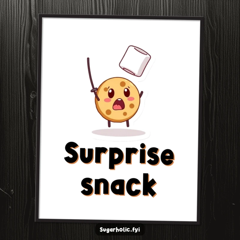 Funny digital art print of a wide-eyed cookie character comically trying to catch a floating marshmallow, perfect for whimsical decor.