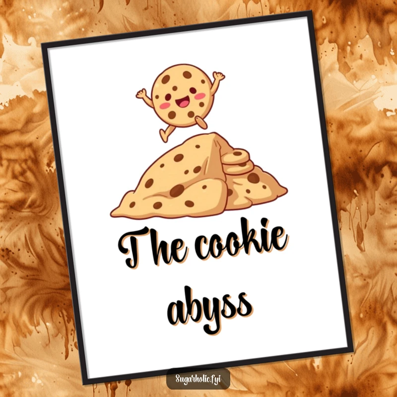 Funny digital art print of a laughing cookie character dynamically leaping over an enormous stack of cookies, full of energy.