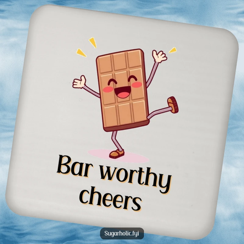 Funny drink coaster featuring a thrilled anthropomorphic chocolate bar character doing a cartwheel, for humorous surface protection.