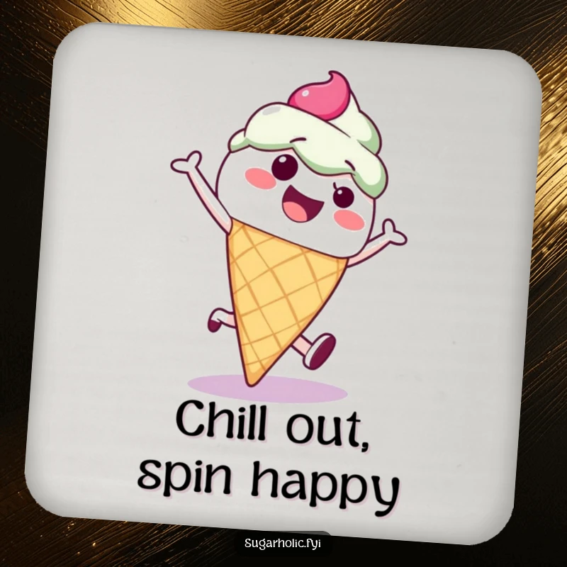 Funny ice cream cone character doing a cartwheel on a humorous drink coaster, perfect for protecting surfaces playfully.