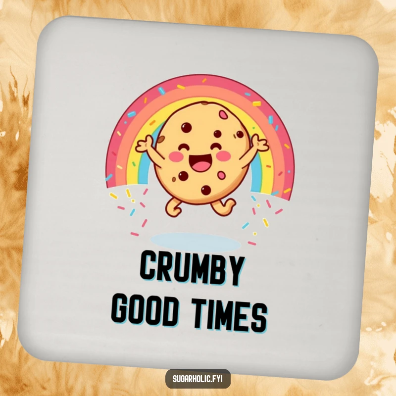 Funny cookie coaster featuring a happy character leaping through a rainbow of sprinkles, protecting surfaces with hilarious joy and sweet style.