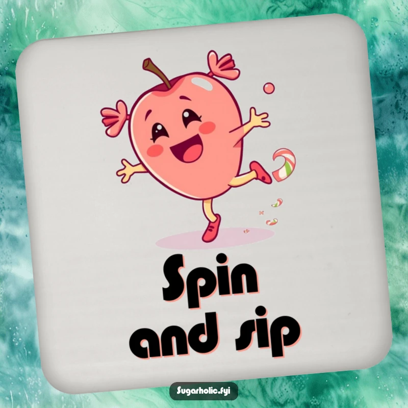Funny drink coaster showing a thrilled candy apple character doing a cartwheel with a candy trail, adding vibrant tabletop humor.