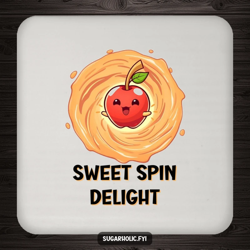 Funny drink coaster featuring a beaming anthropomorphic candy apple character spinning in a caramel vortex, for humorous surface protection.