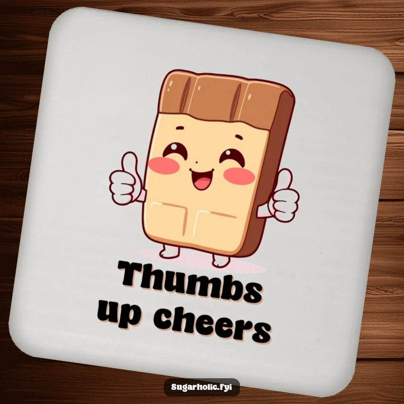 Funny Coaster: A protective coaster showcasing a blushing chocolate bar character giving two thumbs up, adding a sweet, approving touch.