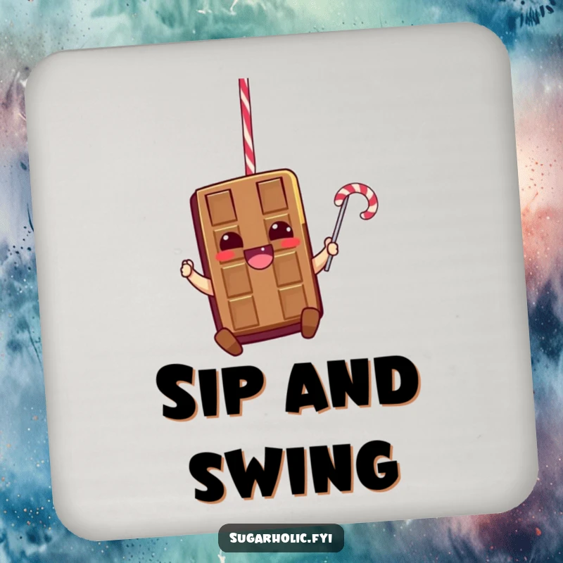 Funny drink coaster featuring a thrilled chocolate bar character swinging from a licorice rope, adding a touch of daring fun to any table.