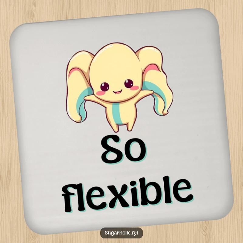 Funny taffy character coaster, humorously distorted from stretching, protecting surfaces with a silly, stretchy design.