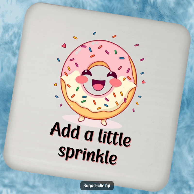 Funny Coaster showcasing a laughing donut character juggling colorful sprinkles with a happy expression.
