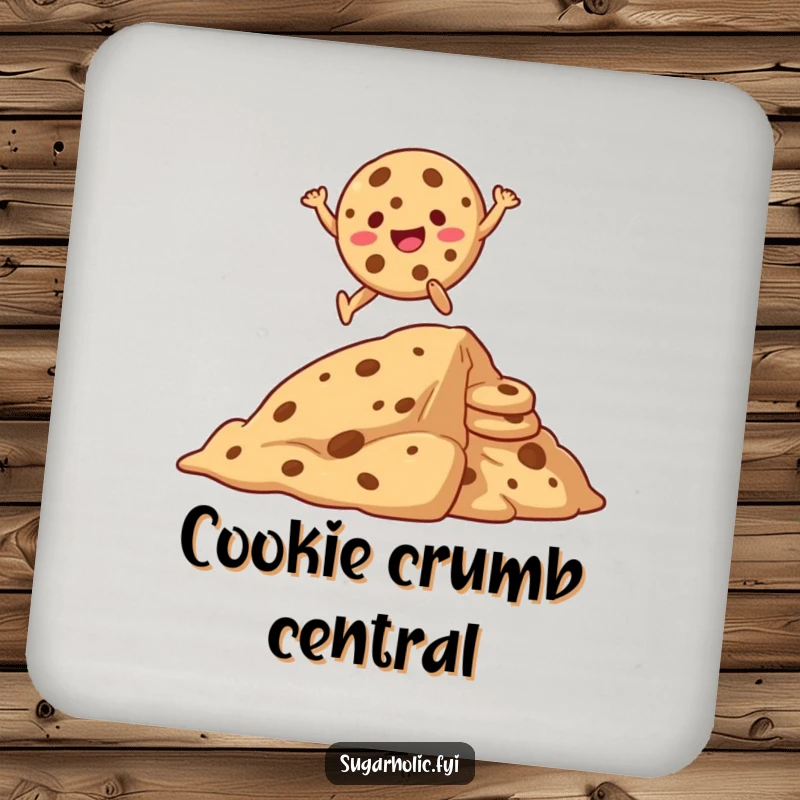 Funny coaster featuring a happy cookie cartoon character jumping over a large pile of cookies, adding humor to drinks.