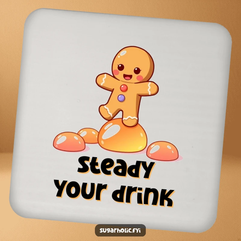 Funny drink coaster showing a joyful gingerbread person character balancing on jelly candies, adding tabletop humor.